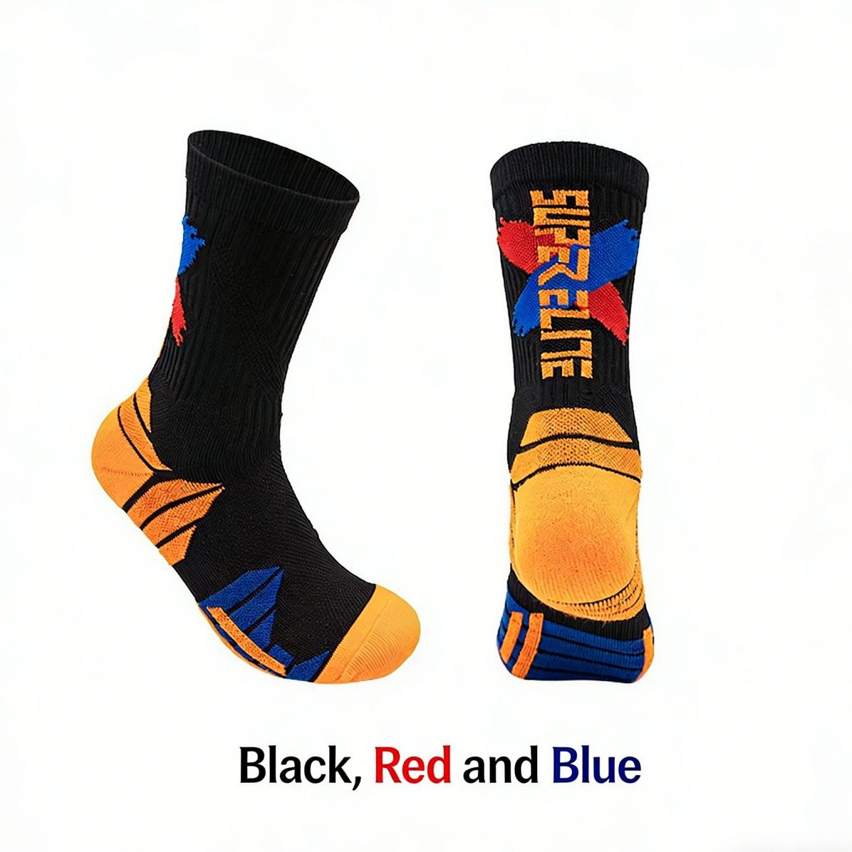 Men's High-Calf Marathon Running Socks, Professional Basketball Socks with Thickened Terry Sole, Cushioned Shock Absorption Athletic Socks for Running, Basketball, Training
Black-Red-Blue