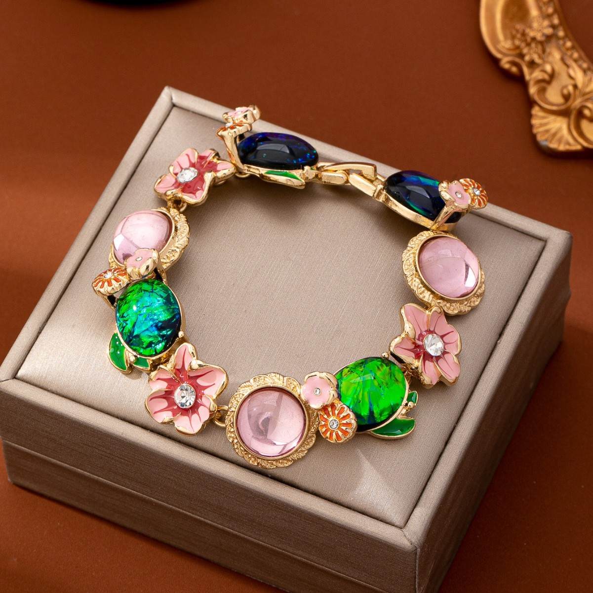 Vintage Style Colorful Enamel Flower Link Bracelet with Pink & Green Stones, Gold Tone Ornate Frame, Retro Palace Inspired Luxury Jewelry for Women
