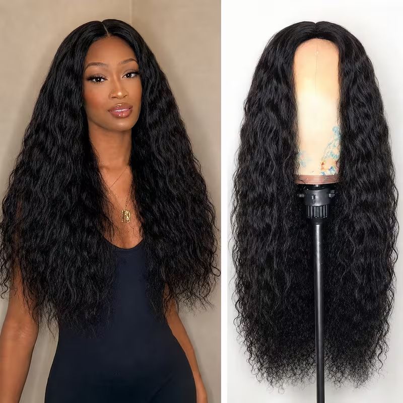 Women Long Water Wave Wig, Natural Black Synthetic Full Head Wig, Middle Part Soft Curly Hair Wig, Heat Resistant Fashion Hairpiece for Daily Wear Party Cosplay Makeup