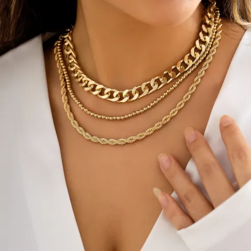 Hip-Hop Geometric Iron Pearl Chain Layered Necklaces