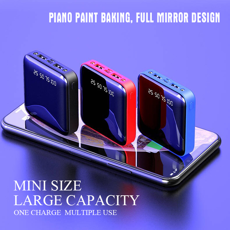 Multi Functional Portable Mobile Power Supply, Power Bank, High Speed Charging ( Square, full mirror screen, Flashlight + Dual USB, Integrated compression type high capacity battery pack) (Red / Blue)