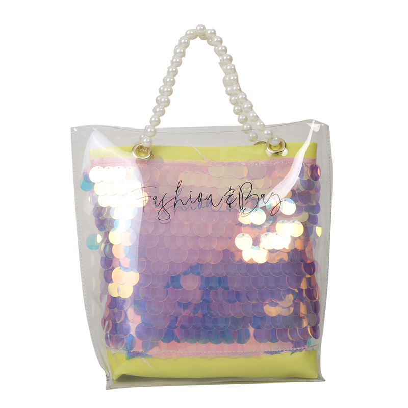 2024 New Transparent Laser Jelly Bag Shoulder PVC Pearl Tote Bag Fashion Shopping Bag