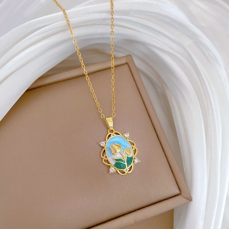 Vintage Monet Garden Oval Pendant Necklace for Women, Stainless Steel Adjustable Chain, Gold‑Plated Hollow Frame Enamel Tulip Pattern With Micro‑Paved Zircon, Elegant Retro Clavicle Chain, Delicate Fashion Jewelry Gift for Daily Dating Party Banquet Wear