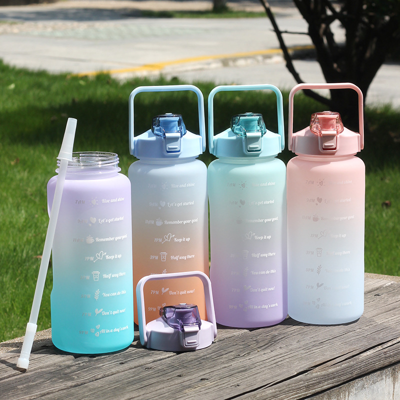 2 PCS 64oz/2L Motivational Sports Water Bottles with Times to Drink, Daily Measured Tracking Time Marks Water Cup Removable Strainer Leakproof BPA Free