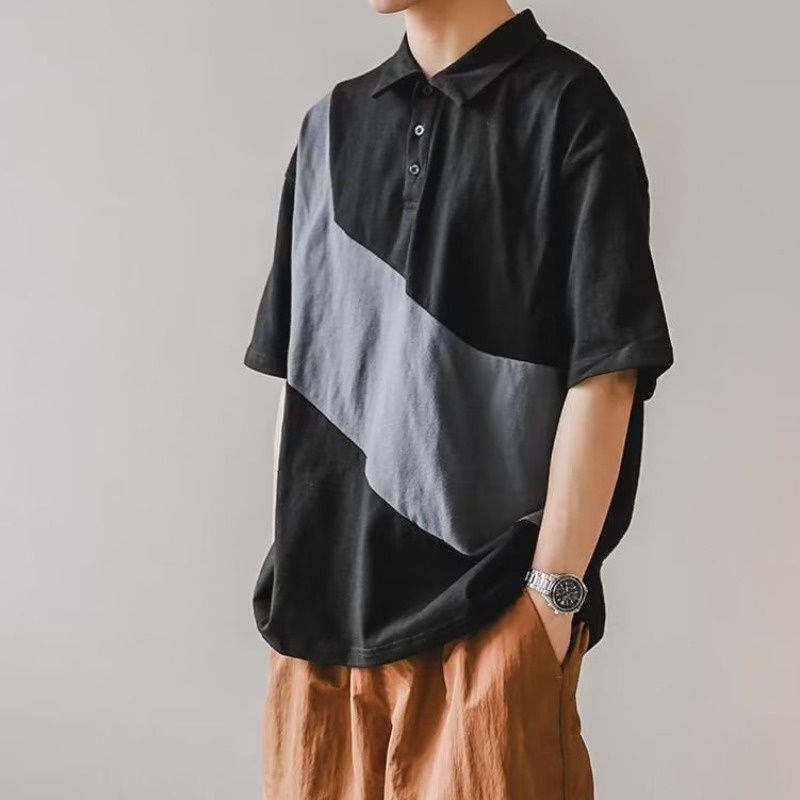 ND Men's Summer Versatile Patchwork Contrast POLO Shirt Lapel Loose Short Sleeves