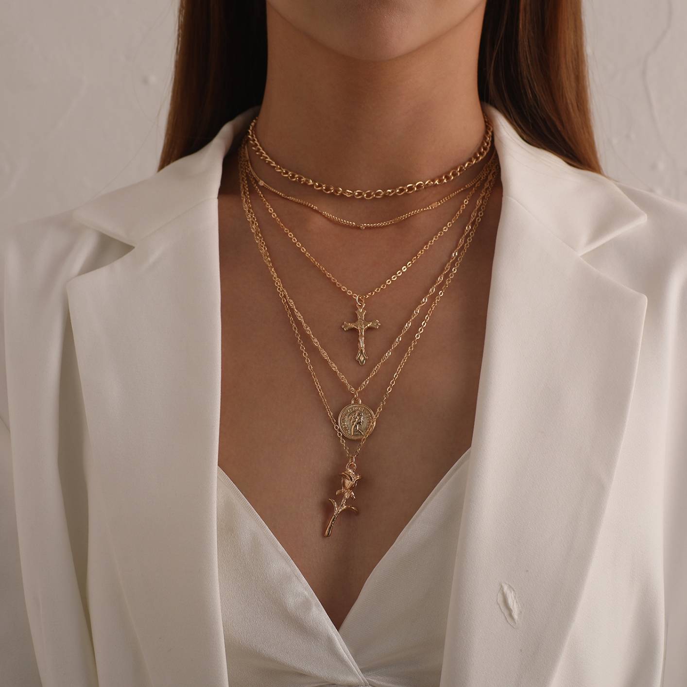 ZW2072 Women's Fashion Cross Round Pendant Necklace Multi-Layer Chain Rose Necklace