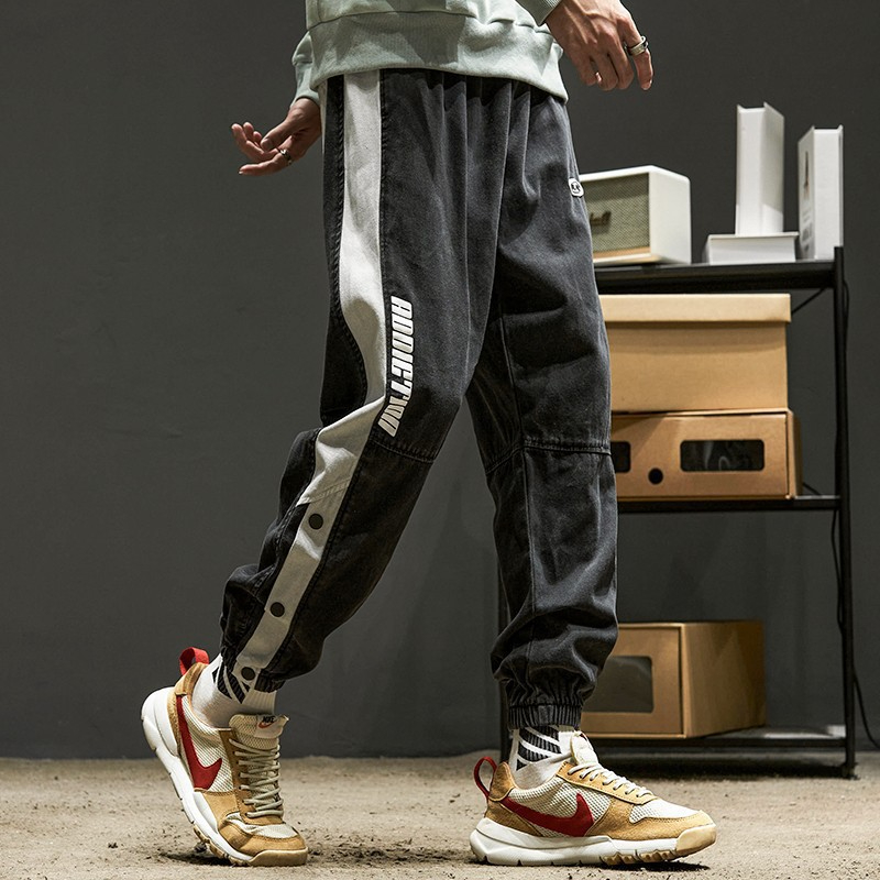 YM Men's New Loose Casual Pants Side-Button Striped Pants