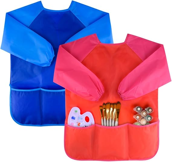 Kids Art Aprons Waterproof Children Art Smock Kids Art Aprons, Painting Supplies (Paints and brushes not included), red and blue, pack of 2