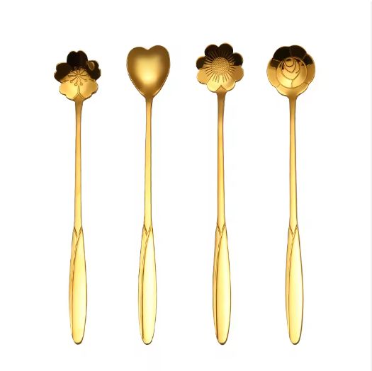 4 Set Gold Plated Creative Stainless Steel  Fancy fruit dessert spoon stainless steel yogurt Coffee long handle pointed spoon Gold Coffee Spoon with Long Handle 