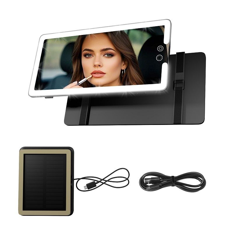 Solar Powered Car Sun Visor Vanity Mirror with LED Lights, HD Clear Makeup Mirror, USB Rechargeable Automotive Interior Cosmetic Mirror, Universal Fit Vehicle Accessory for On-the-Go Makeup
