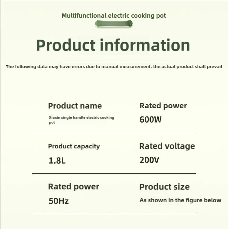 XIAXIN multifunctional electric cooking pot with steamer, portable cookware,stew,boil,saute,fry,steam,1.8L