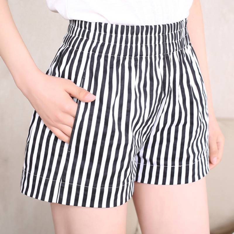 Women Black White Striped High Waist Shorts Chic Lady Casual Beach Shorts