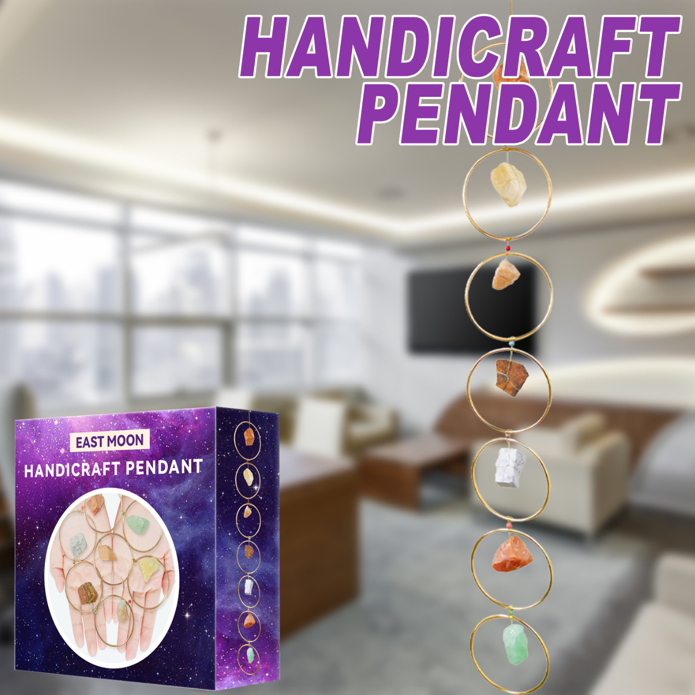 Metal Hoops Ore Stone Handcraft Pendant Hanging Ornaments for Home Living Room Bedroom Wall Decoration