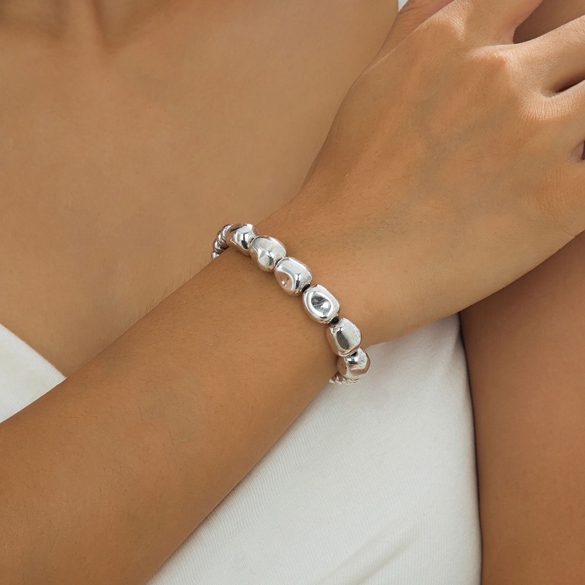 Vintage Antique Silver Irregular CCB Beaded Bracelet, Mixed Size Uneven Metal Bead Wrist Jewelry, Adjustable Black Cord Drawstring Closure Design, Minimalist Retro Distressed Texture Accessory, Elegant Daily Wear Arm Ornament, Versatile Stylish Bracelet For Daily Outfit, Casual Gathering And Special Occasion Matching