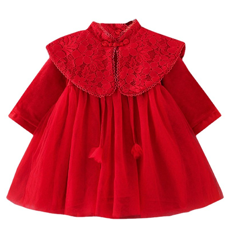 baby girl lace long-sleeved dress Warm red New Year fairy princess dress