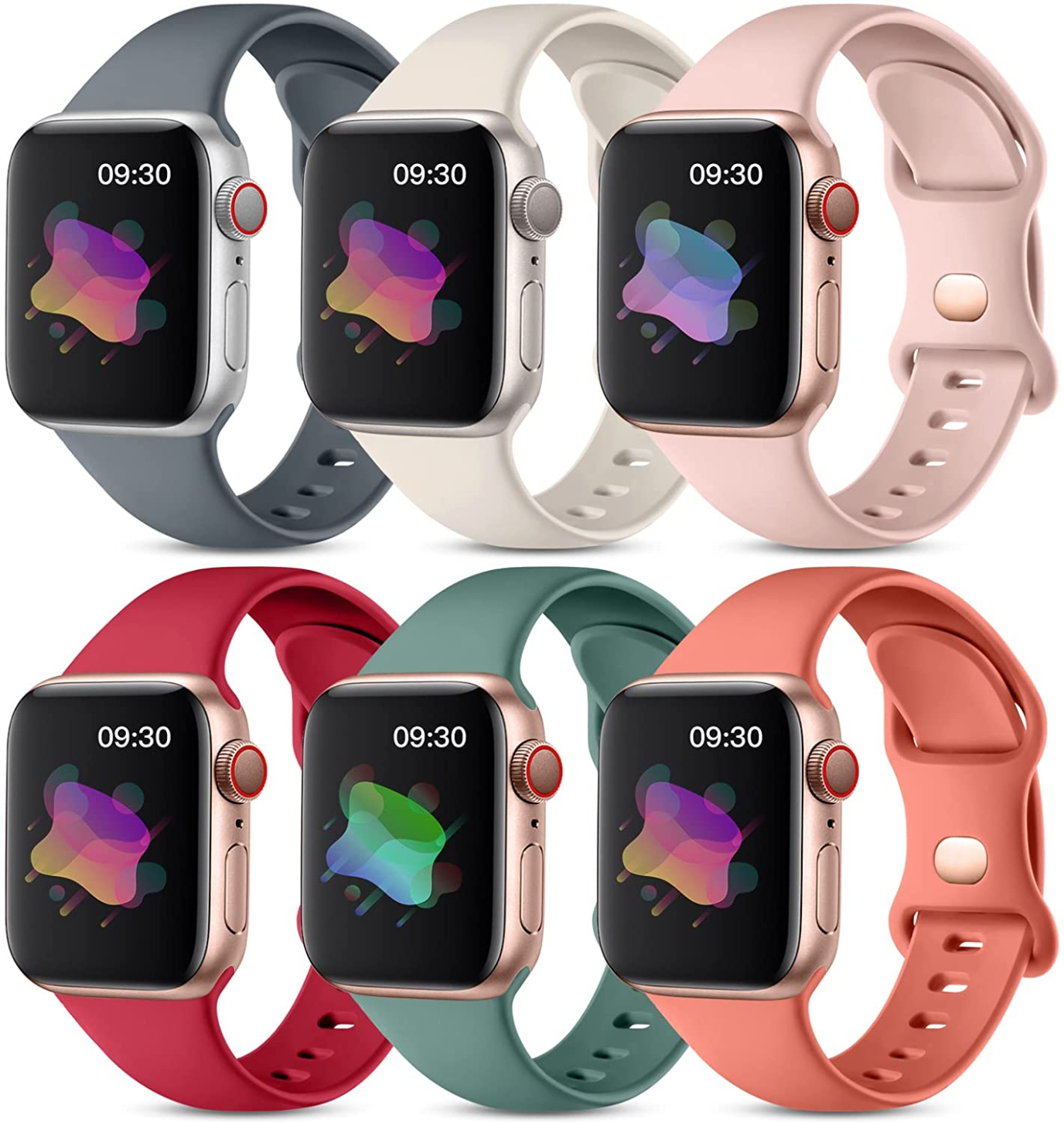 6 Pack Sport Bands Compatible with Apple Watch Band 38mm 40mm 41mm 42mm 44mm 45mm,Soft Silicone Waterproof Strap Wristbands Compatible with iWatch Apple Watch Series 7 6 5 4 3 2 1 SE Women Men