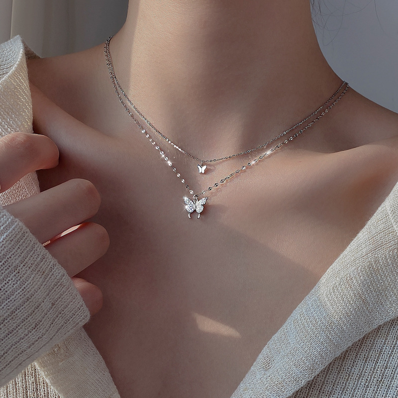 L058# Fashion Butterfly Necklace Double Layer Rust-proof Alloy-Silver