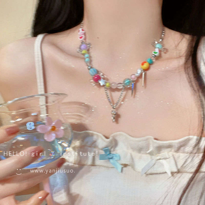 C-004 Women's Niche Colorful Beaded Love Heart Necklace Versatile Shape Collarbone Chain