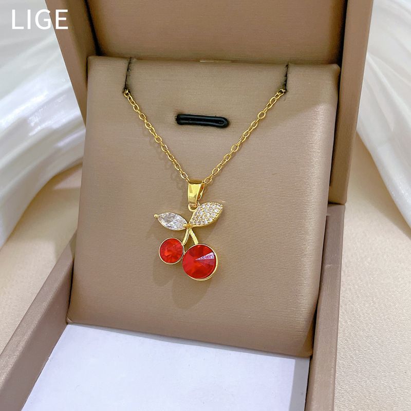 Women Cute Red Cherry Pendant Necklace,Sparkling Zircon‑Inlaid Leaf Detail,Gold Plated Titanium Steel Chain,Luxury Fashion Clavicle Necklace,All‑match Jewelry for Daily Dating Banquet Party,Charming Gift for Ladies