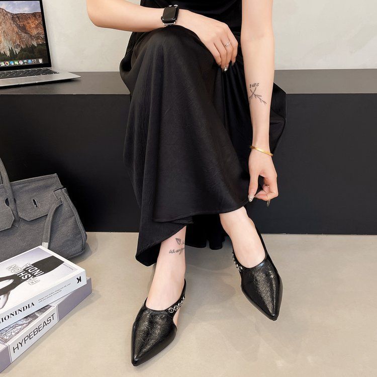 High-heeled women 2025 summer new pointy half bag thick heel sandals female bag head low heel shallow mouth all build slippers