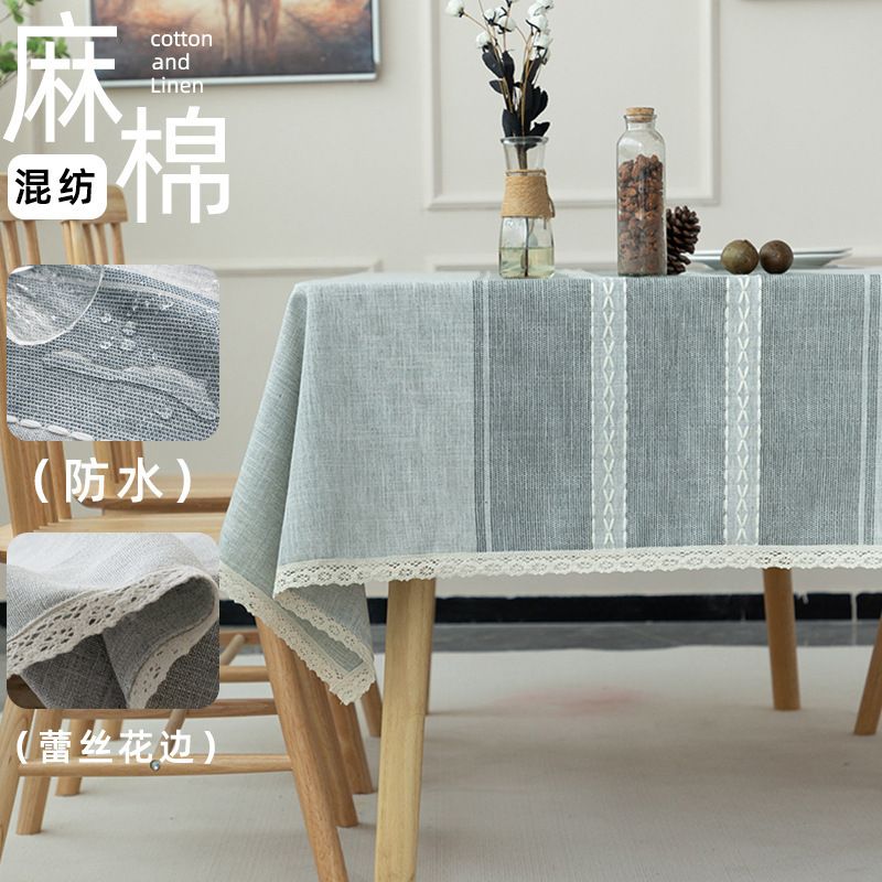 WY033 Vintage Cotton Linen Tablecloth, Rectangular Waterproof Lace Tablecloth