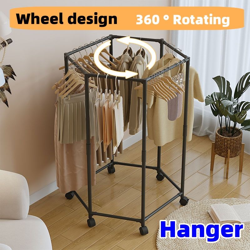 Hexagonal rotating floor mounted clothes hanger, clothes rack, indoor drying rack, movable coat rack 