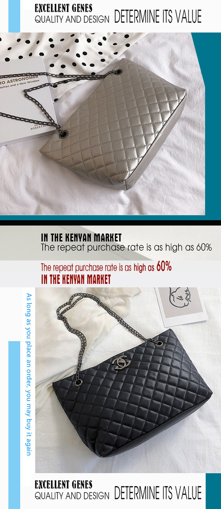 CHG-Ladies bags Tote bags Metal chain women's bags Lady single shoulder bags &amp; Zipper handbag (large zipper bag) (Black / Silver)