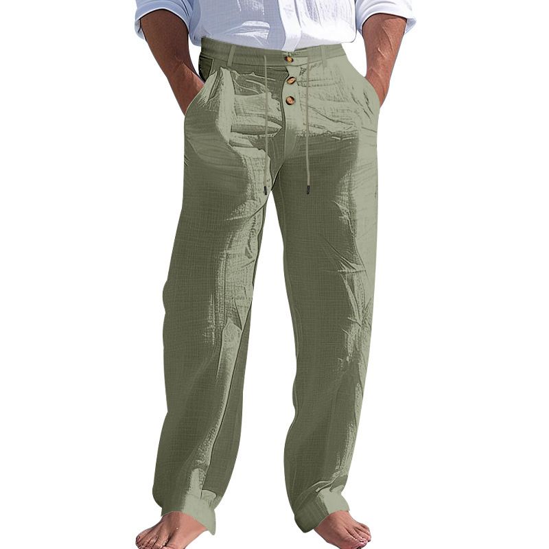 Men's Bottoms Pants Casual American Men's Cotton Linen Pants Button Decoration Drawstring Summer Beach Pants Straight Tube Solid Color Breathable Pants