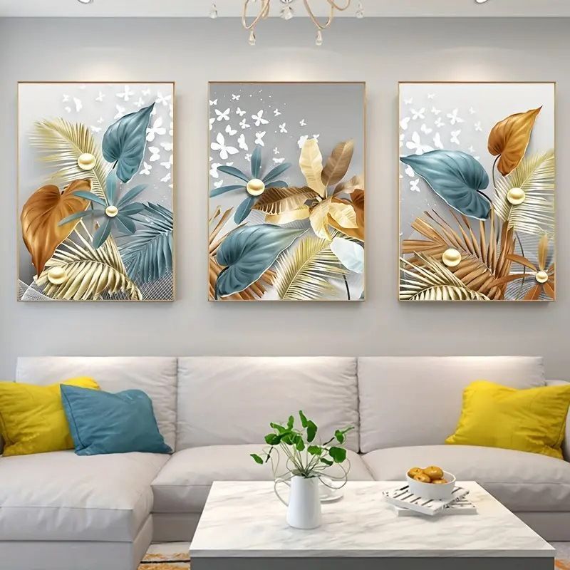Decorative Painting Luxury Pearl Flower Plant CRRSHOP  3 pcs/set  Living room background wall, home wall decoration, triptych, frameless, painting core