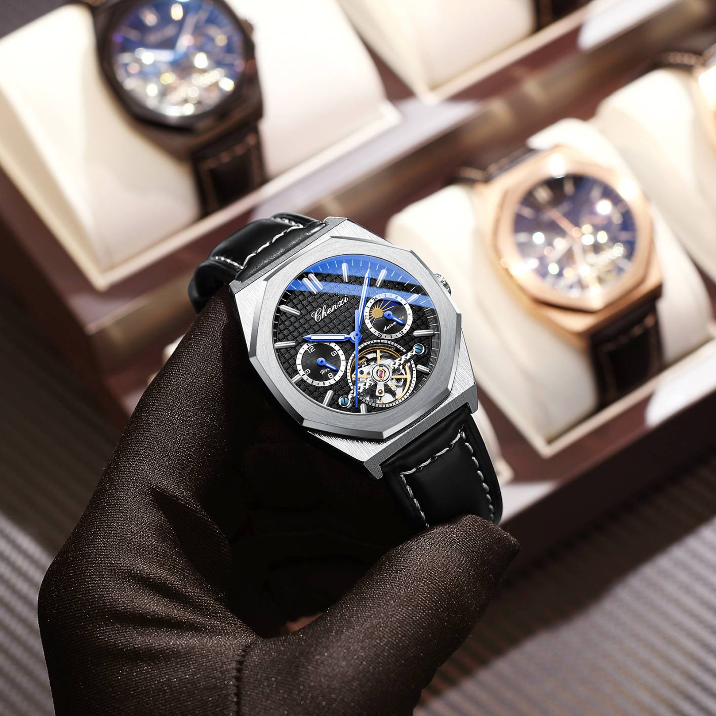 Men's mechanical watch high-end flywheel sun, moon and stars mechanical watch men's waterproof luminous mechanical watch