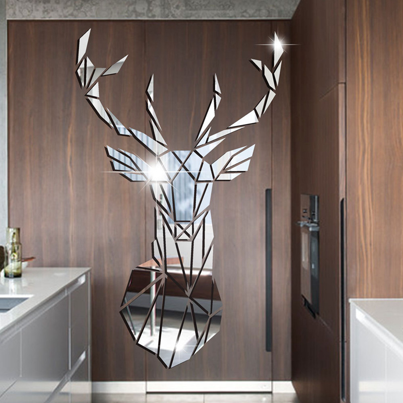 Deer Head Removable Acrylic Mirror Wall Sticker Decals 3D Mirror Wall Stickers Used for Family Living Room and Bedroom Decoration Setting Art Decals