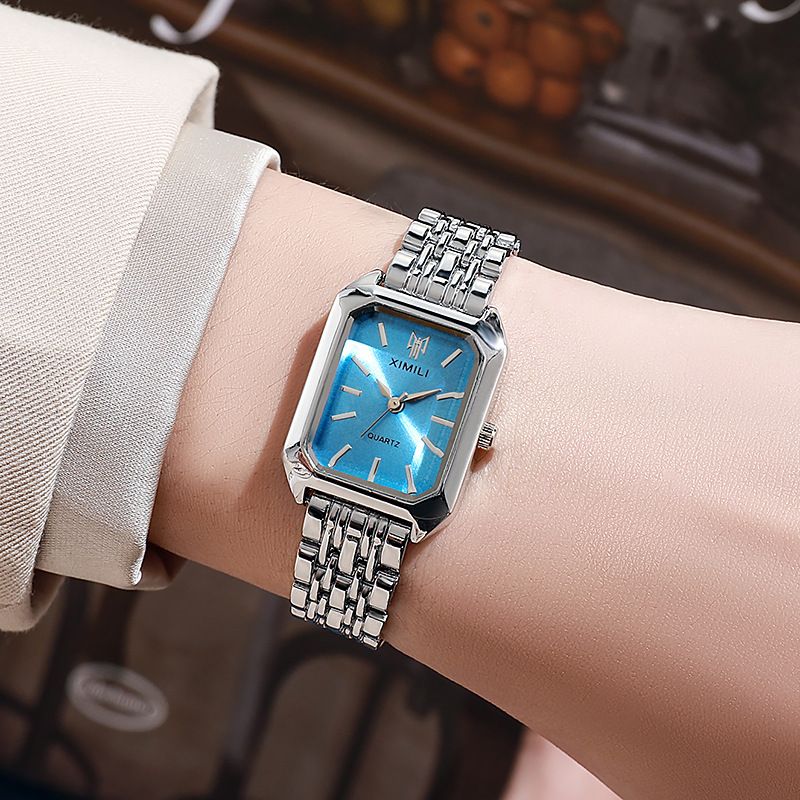 New Light Luxury Steel Belt Women's Watch Female Student Fashion Simple Square Quartz WatchSilver sky blue