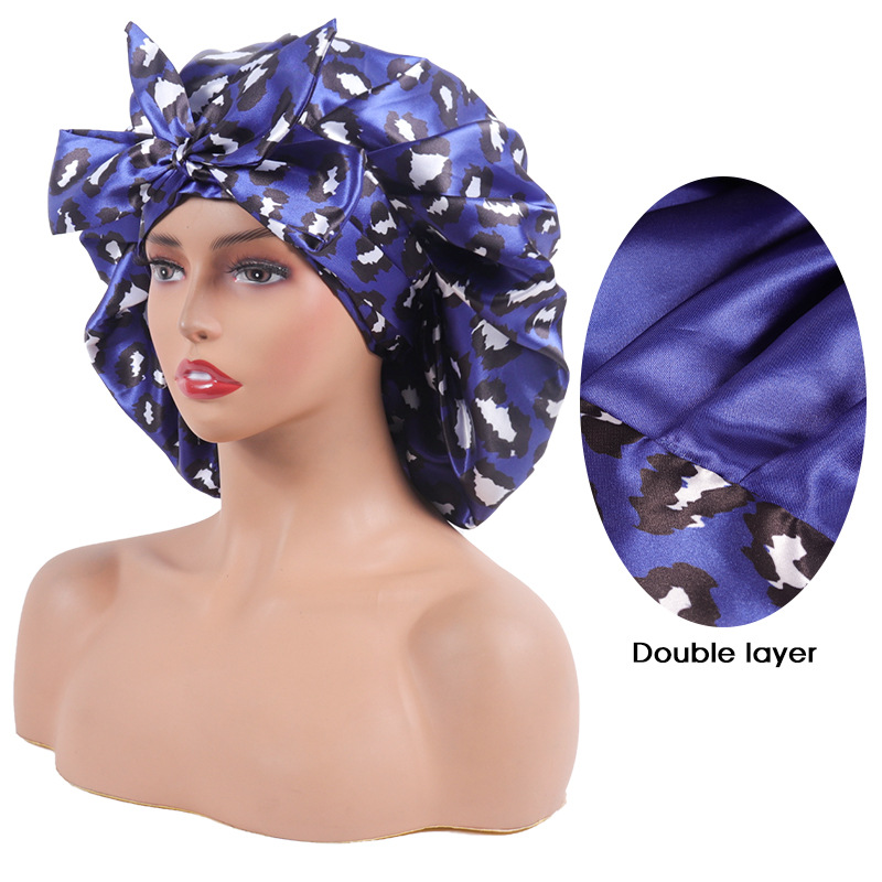 CRRshop free shipping hot selling gorgeous nightcap female leopard print monochrome double-layer satin ribbon long strapping large round sleeping cap hairdressing hat