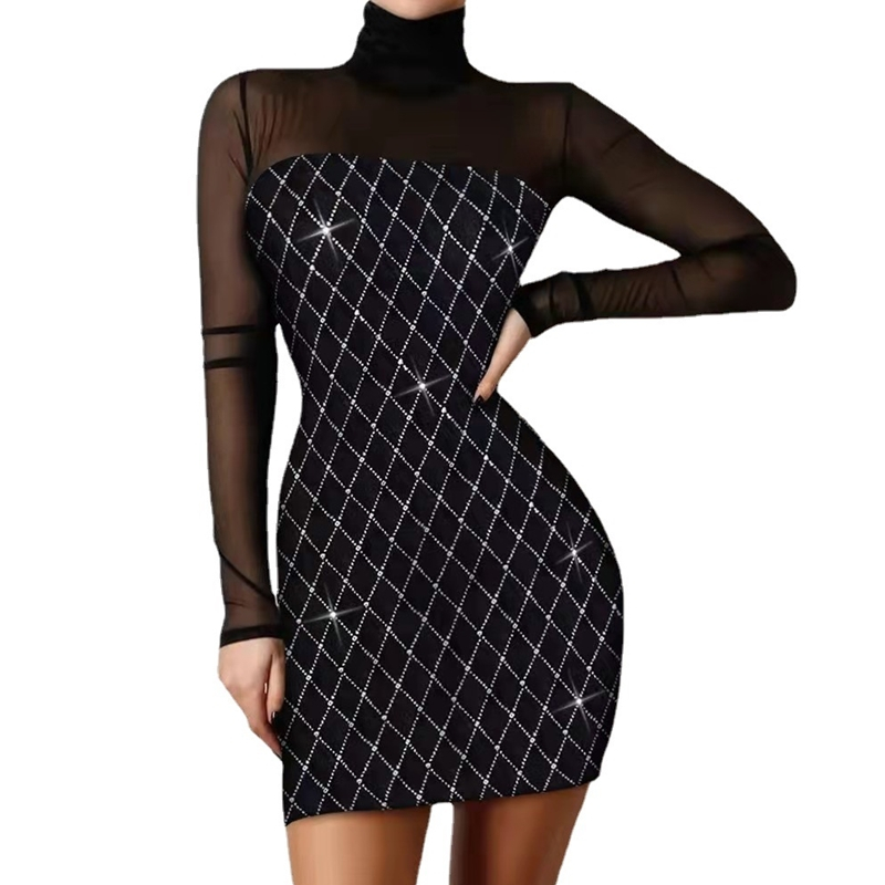 211120 Lace Stretchy Dresses for Women Summer Long Sleeves Off Shoulder Waisted Bodycon Sexy Sequin Shiny Mini Dress