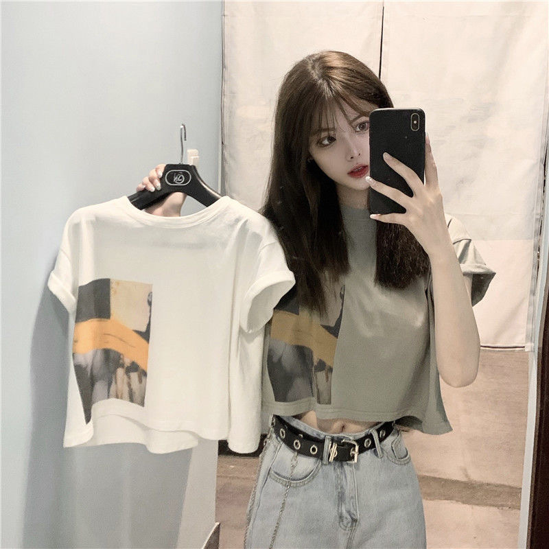 986 Women's Fashion Loose Casual Print Crop Top Short Sleeve T-shirt