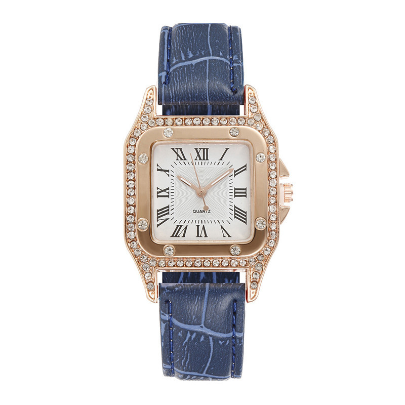 women's square diamond watch set leather waterproof strap quartz watch and jewelry bracelet girls set