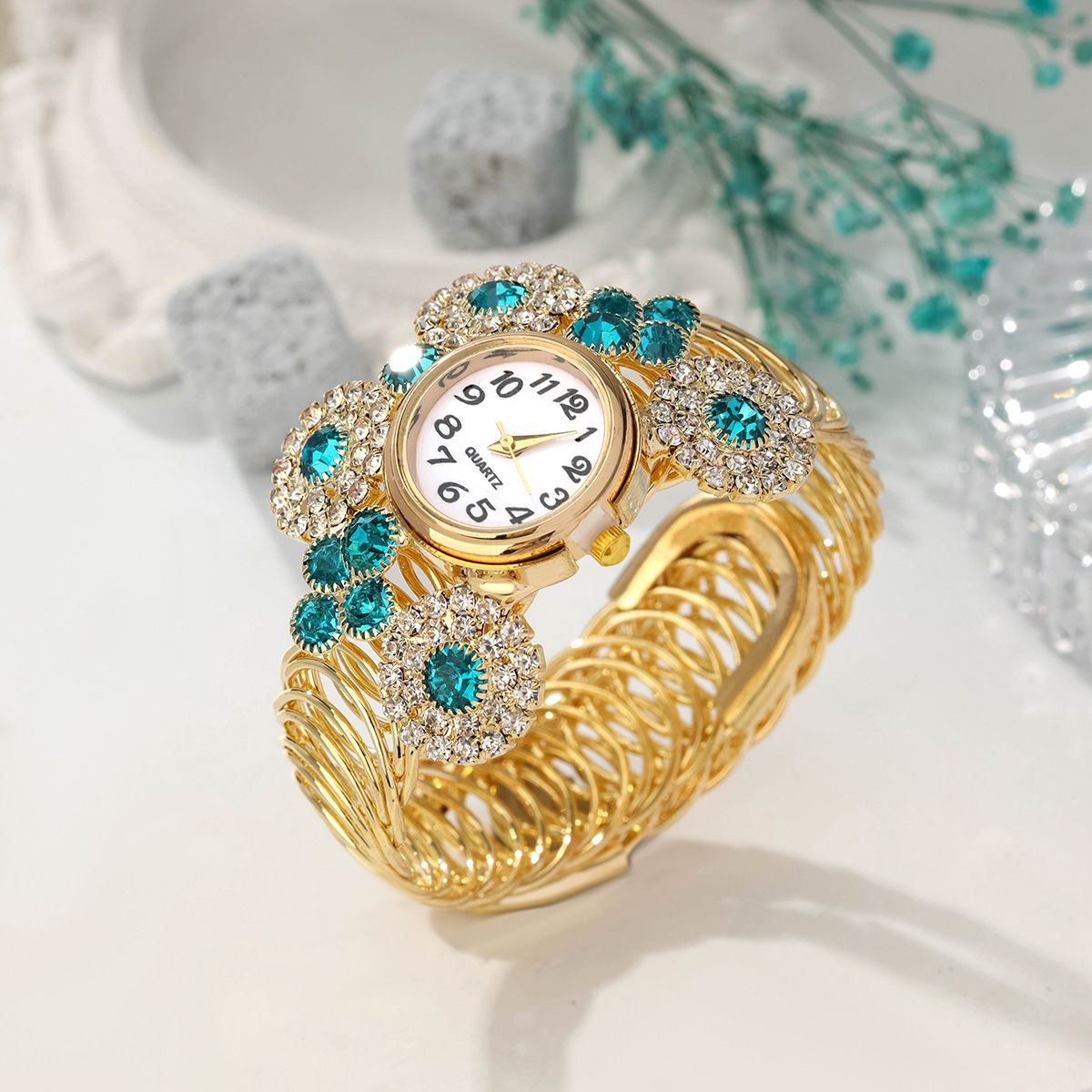 Women's Clover Crystal Bangle Quartz Watch, Gold-Tone with Blue Zircon, Adjustable Openwork Bracelet Wristwatch, Elegant Fashion Jewelry for Ladies
