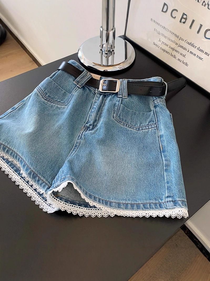 Summer New Blue Lace Trim High Waist Denim Shorts Plus Size Casual Loose Slim A-Line Wide Leg Pants for Women