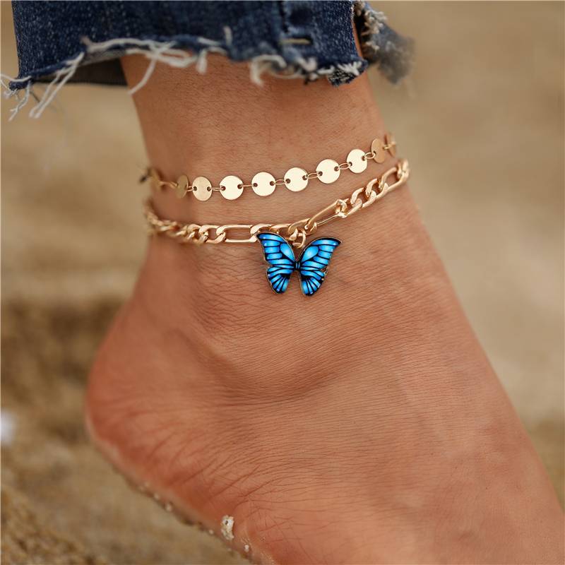 53124 2Pcs Fashion Multilayer Butterfly Anklets For Women Boho Summer Blue Butterfly Beach Ankle Bracelet Foot Chain Jewelry