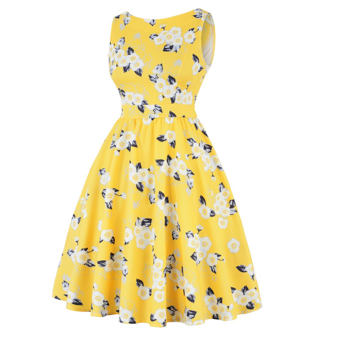 Women Pleated Cotton Sleeveless Scoop Neck Floral Pattern A-Line Vintage Dress