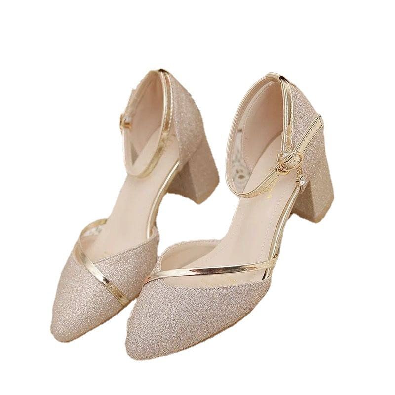 A18 Shiny Bling Bling Pu Solid Color Party Shoes Block High Heels Shoes Women Thin Heel Pumps Shoes