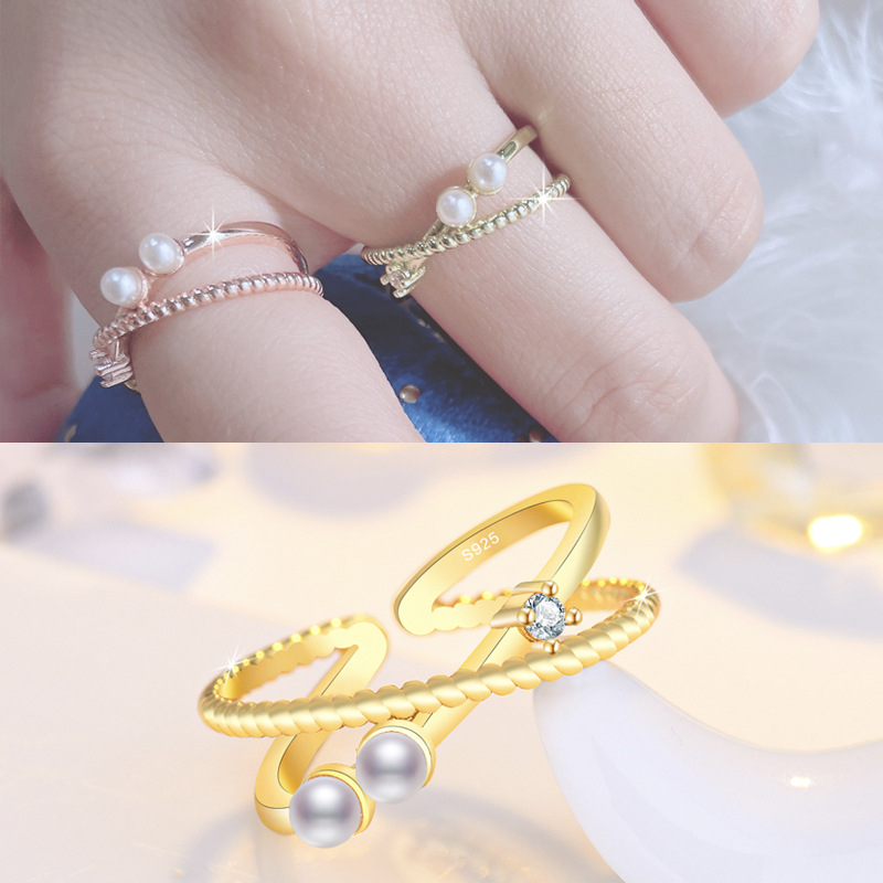 J358 Women Double Flash Zircon Cross Imitation Pearl Ring