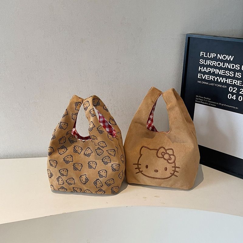 Cute Hello Kitty Handbag, Suede Spliced Retro Red Plaid Wrist Bag, Portable Mini Basket Shape Handheld Tote Small Daily Storage Purse for Women Girls
