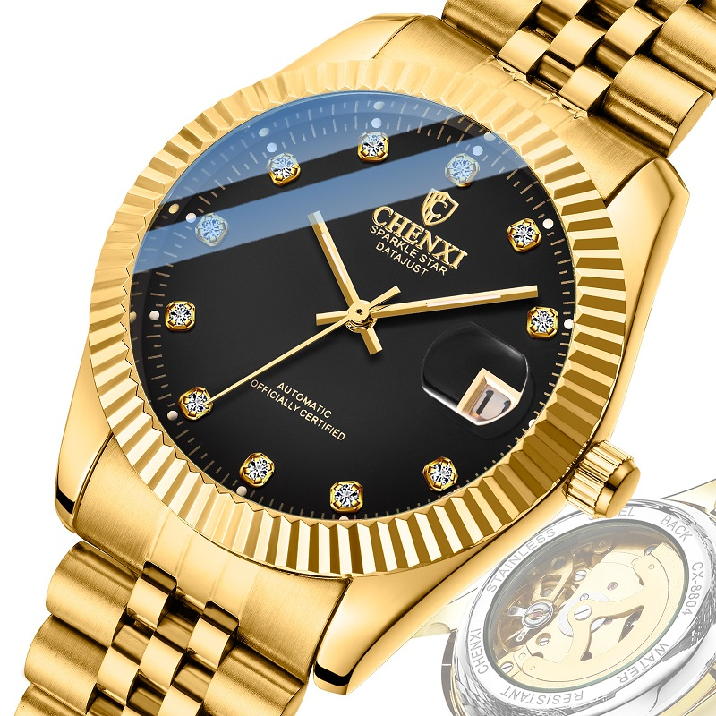 Men's Gold Mechanical Watch Steel Band Watch Fashion Trendy Business Mechanical Watch