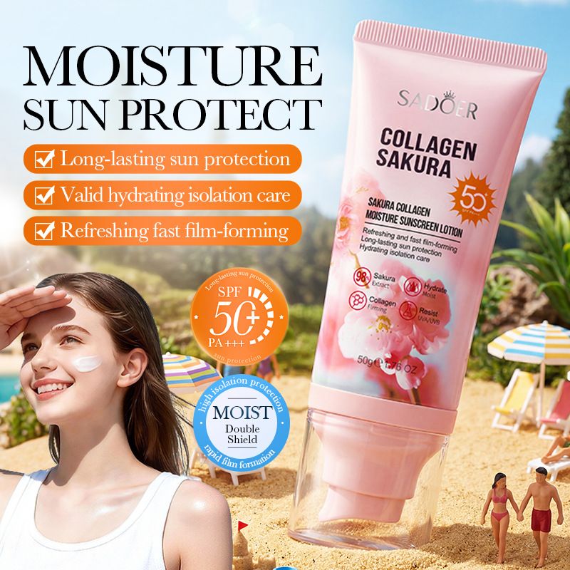 SADOER Sakura Collagen Moisture Sunscreen Lotion, 50g SPF50+ PA+++ Refreshing & Fast Film-Forming Sunscreen, Hydrating & Long-Lasting UVA/UVB Protection for Daily Outdoor Use