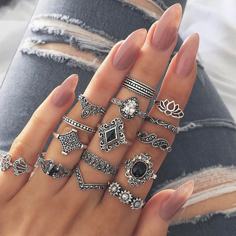 RIZ002 15 Pieces / set Jewelry Fashion Crystal Ring Woman's Crown Lotus Silver Ring Set Jewelry silver one size
