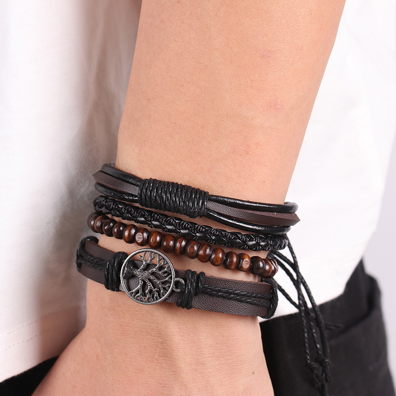 Genuine Leather Tree of life Bracelets Men Women, Tiger Eye Natural Stone Lava Rock Beads Ethnic Tribal Elastic Bracelets Wristbands