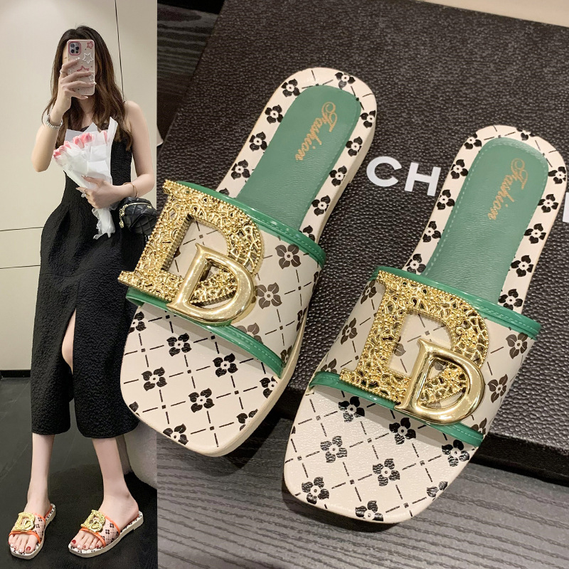 1825-Dou New Fashion Women's Slippers Square Toe Doulbe D Slippers Flat Slide Sandals Beach Flip Flops Metal Decoration Casual Shoes