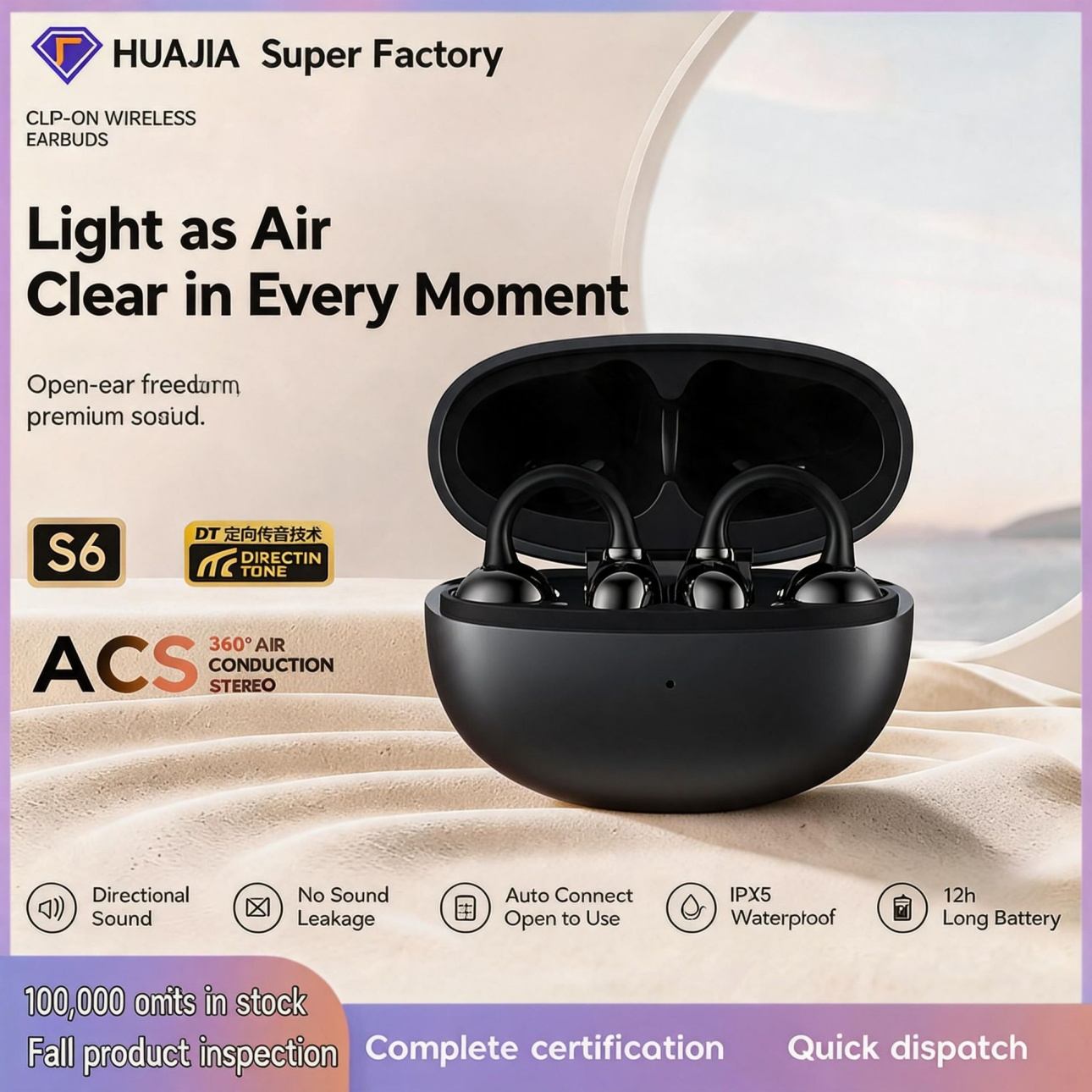 S6 Open‑Ear Clip‑On Wireless Bluetooth Earbuds, Equipped with 13mm Large Driver Unit, Stable Bluetooth 5.4 Connection, IPX4 Water‑Resistant Rating, Comfortable Non‑in‑Ear Clip‑Wearing Design