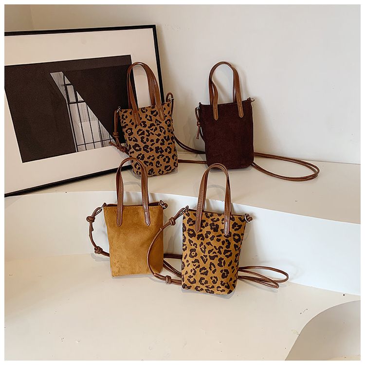 Vintage Leopard Print Mini Square Bag Suede Casual Crossbody Phone Bag Fashion Shoulder Purse for Women
